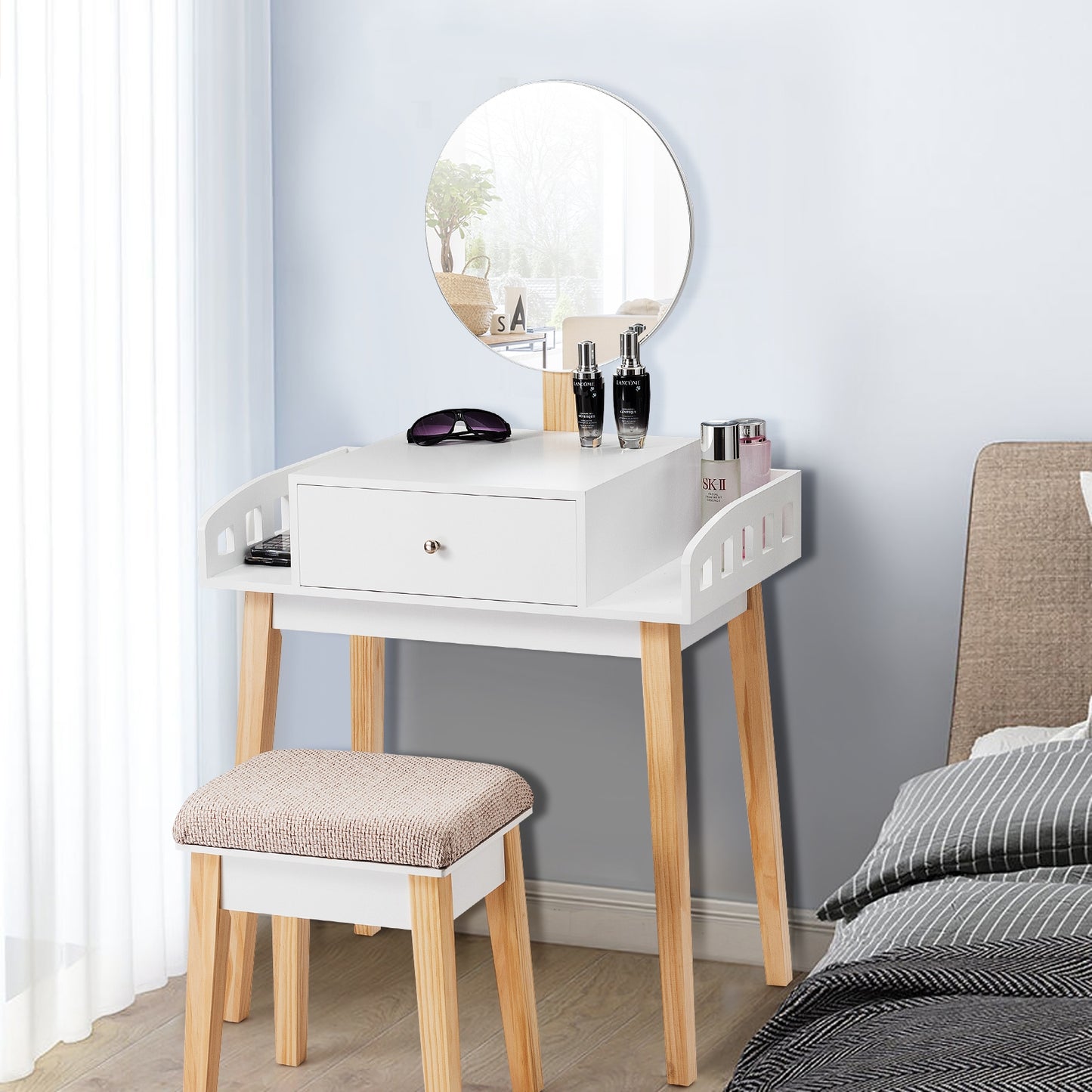 Makeup Vanity Table Set with Round Mirror and Cushioned Stool