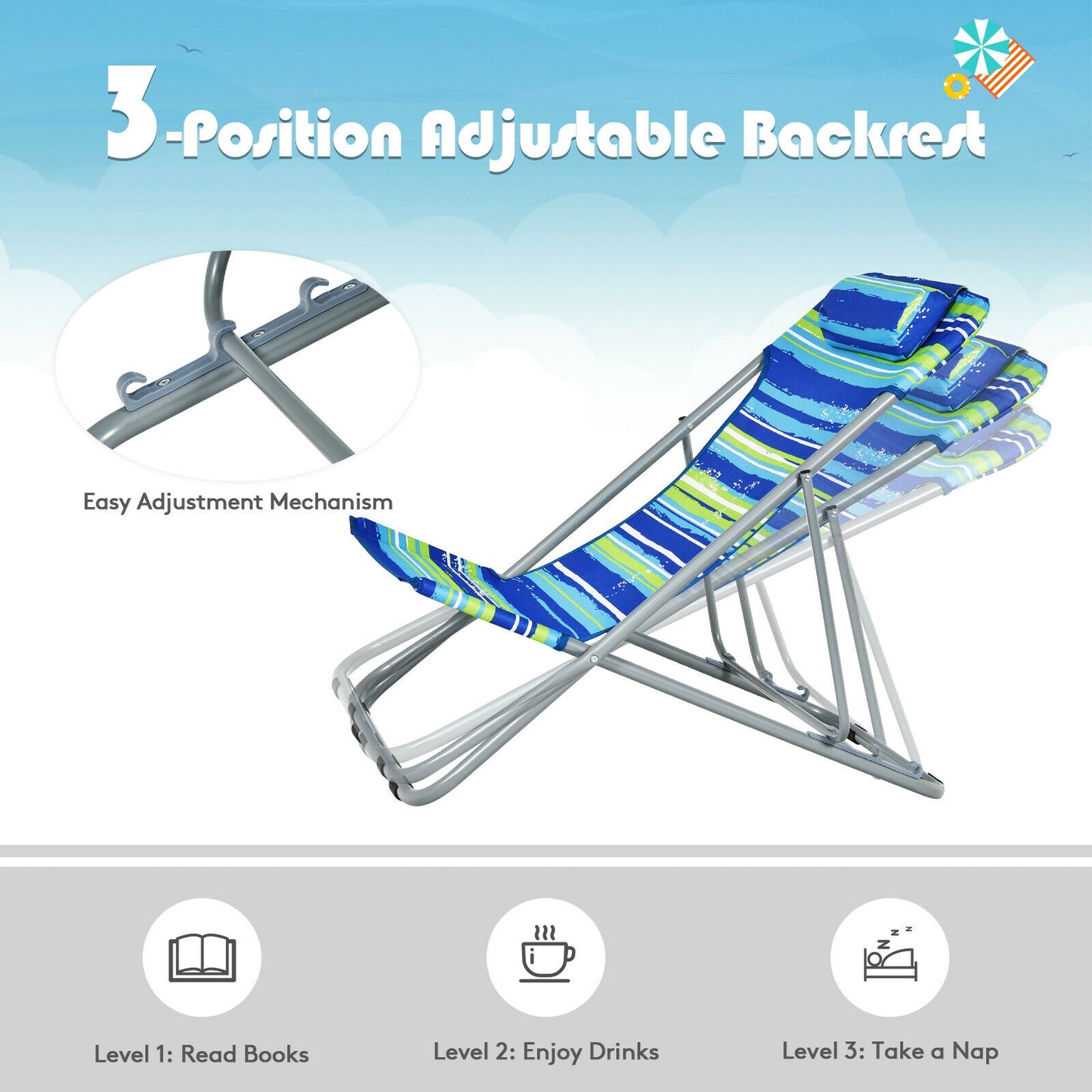 Portable Beach Chair Set of 2 with Adjustable Backrest