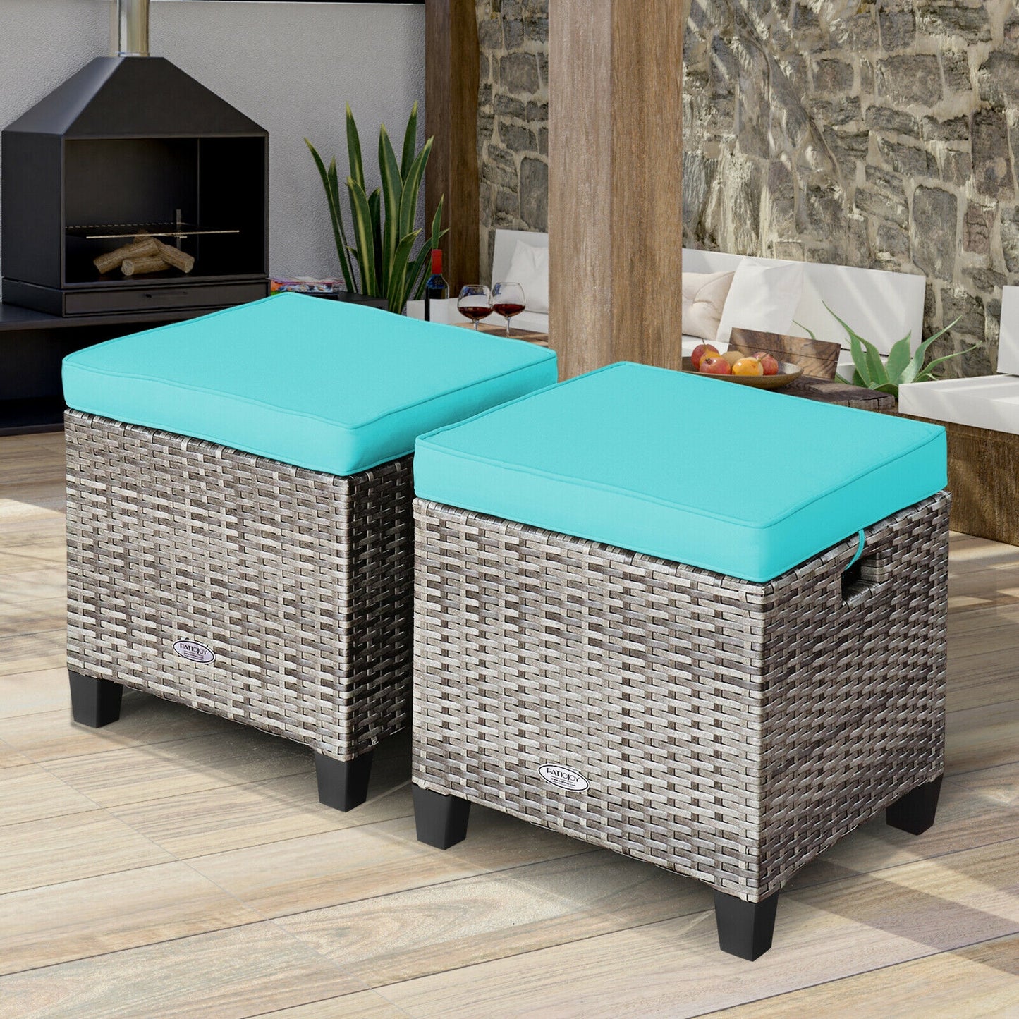 Patio Rattan Ottoman Set with Removable Cushions (2-Piece)