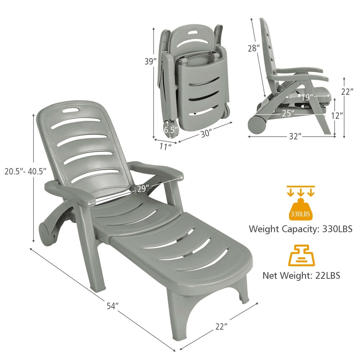 Adjustable Folding Chaise Lounge Chair with Wheels