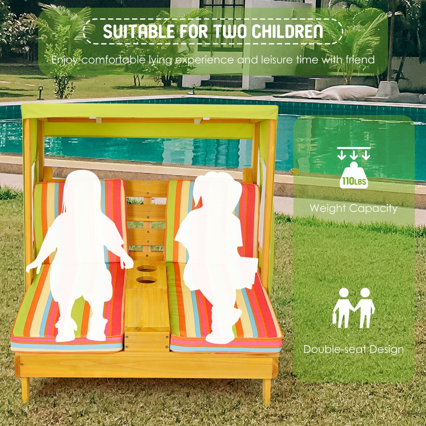 Kids Double Lounge Chair with Awning and Cup Holders