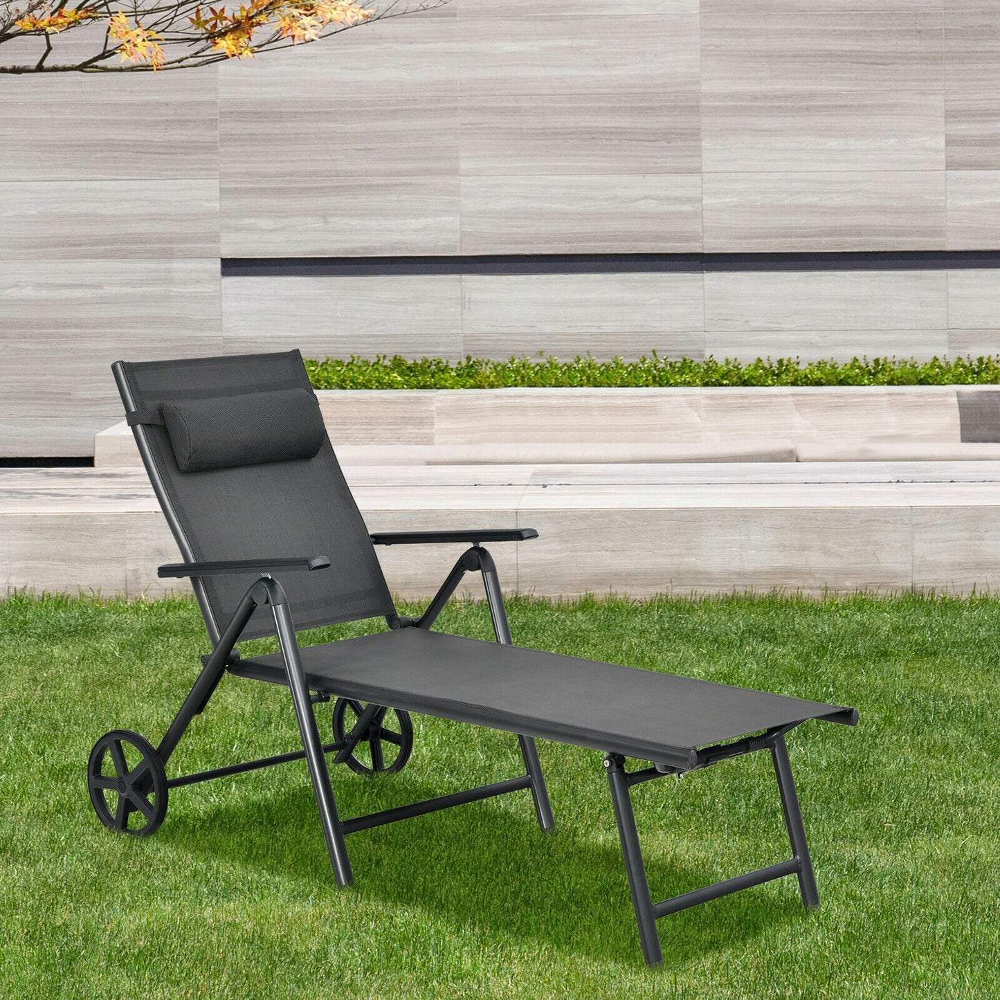 Adjustable Patio Lounge Chair with Wheels and Neck Pillow