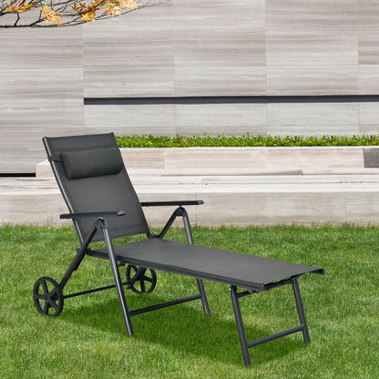 Adjustable Patio Lounge Chair with Wheels and Neck Pillow