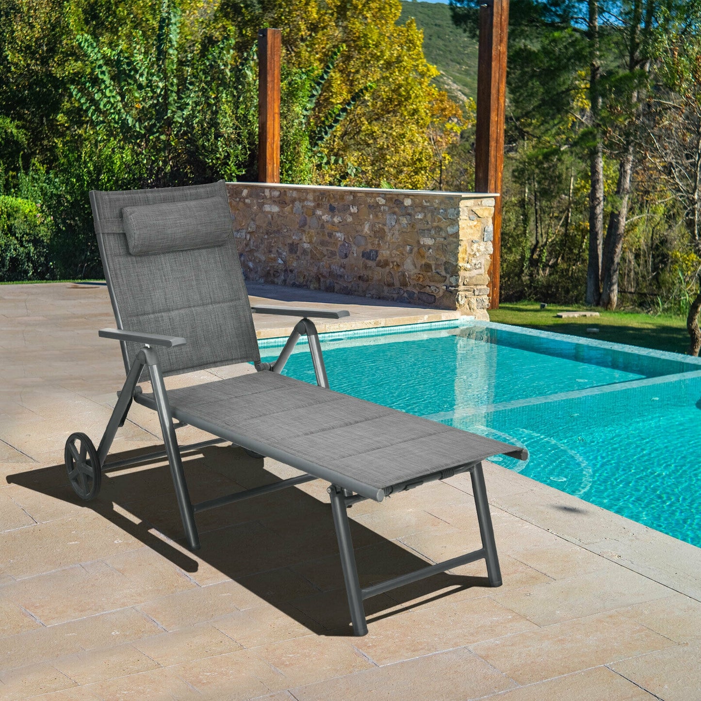 Reclining Patio Chaise Lounge with Adjustable Backrest & Wheels