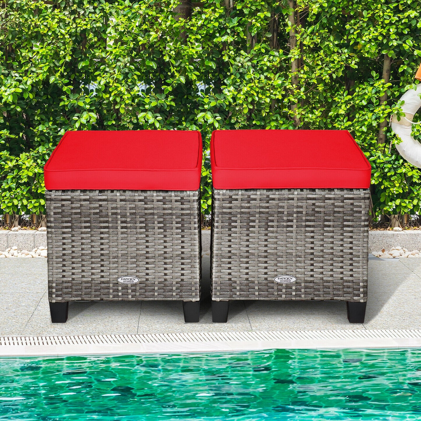 Patio Rattan Ottoman Set with Removable Cushions (2-Piece)