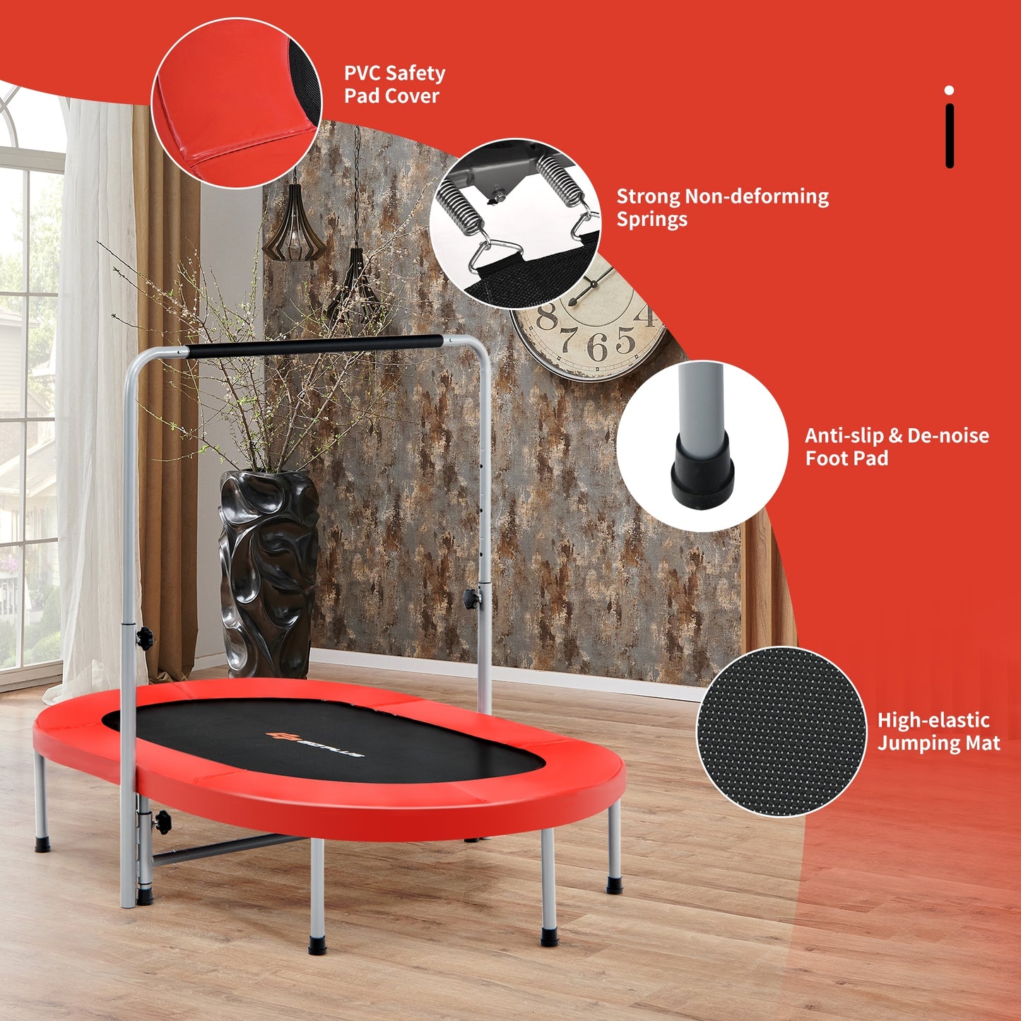2-Person Foldable Fitness Trampoline with Adjustable Handle