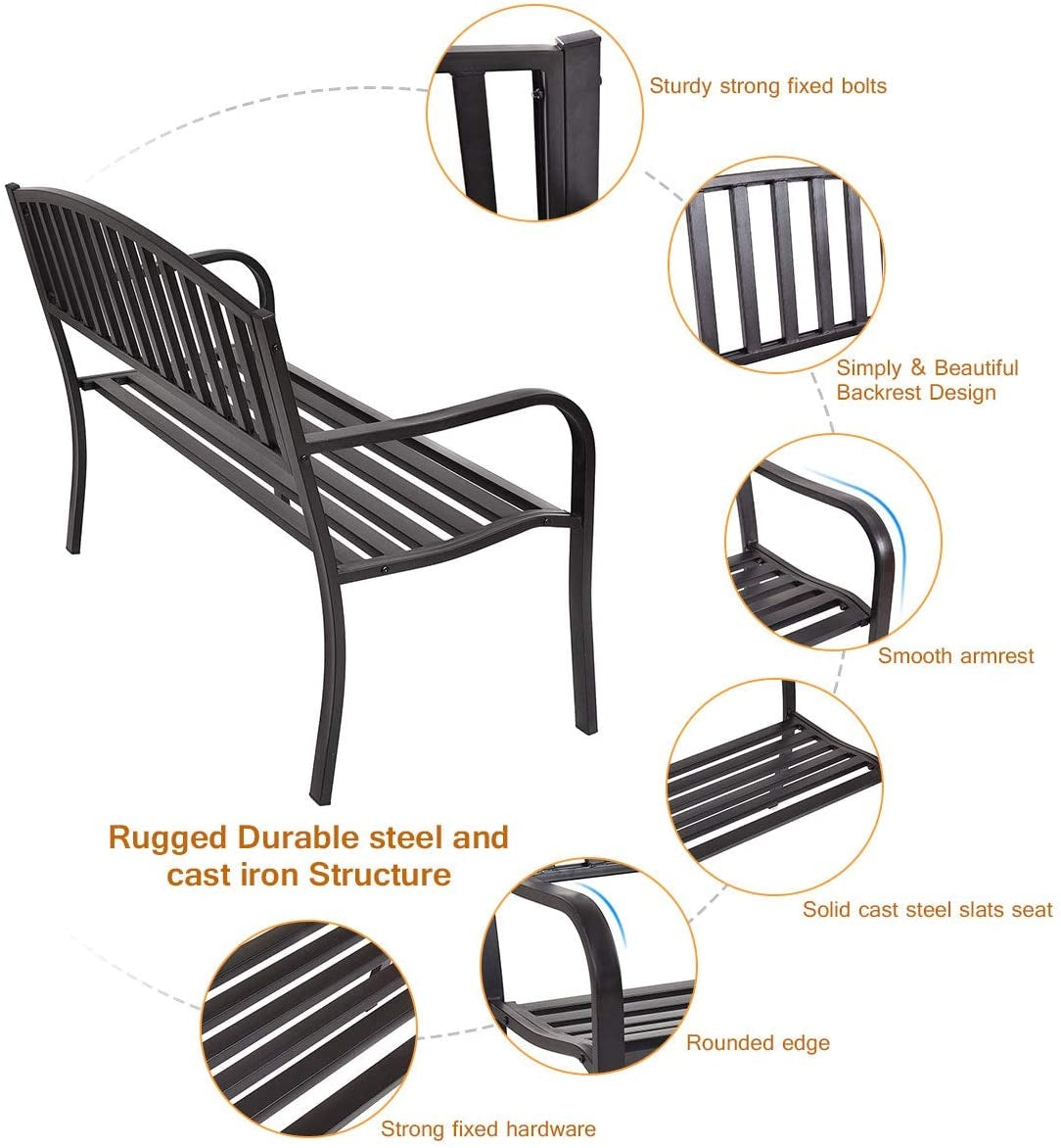 50 Inch Steel Patio Bench Loveseat for Outdoor Garden
