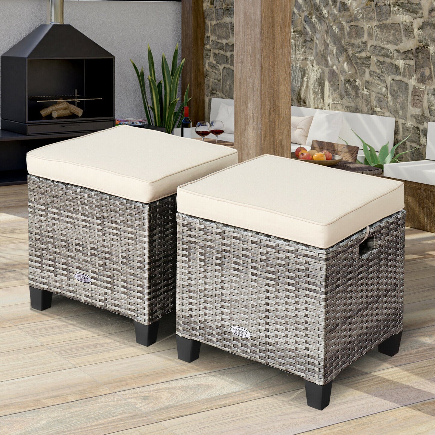 Patio Rattan Ottoman Set with Removable Cushions (2-Piece)