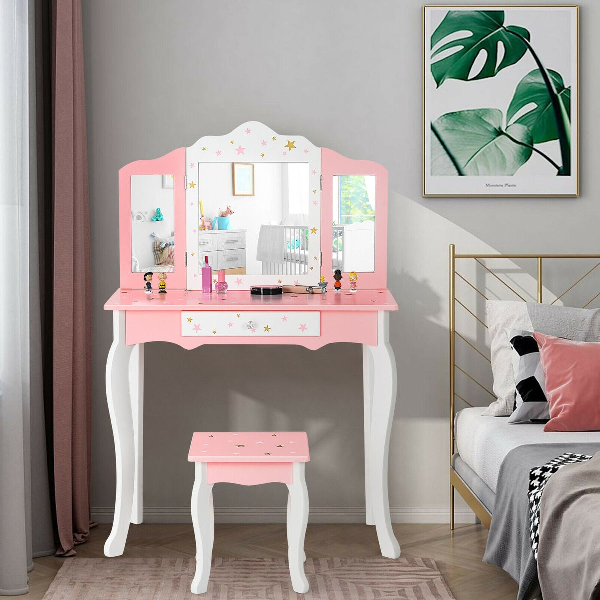 Kids Princess Vanity Table and Stool Set with Tri-folding Mirror and Drawer