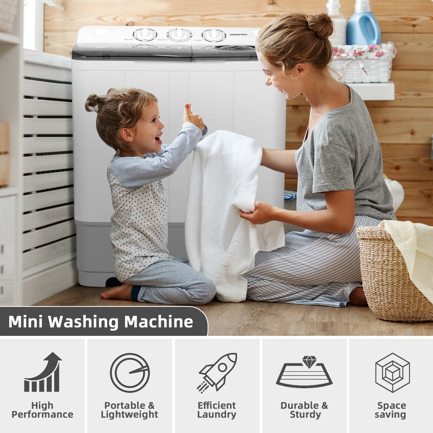 2-in-1 Portable 22lbs Capacity Washing Machine with Timer Control