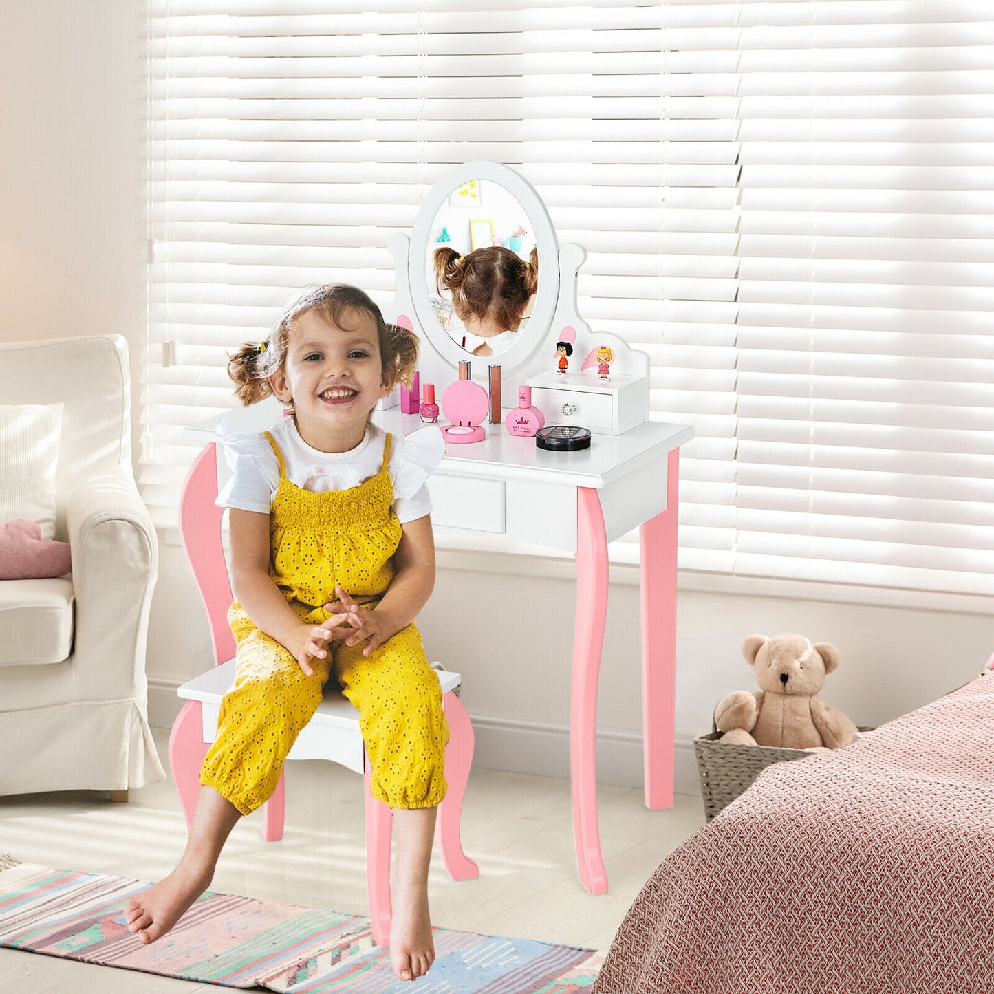 Kids Vanity Table Set with Mirror, Drawer & Stool - Pink