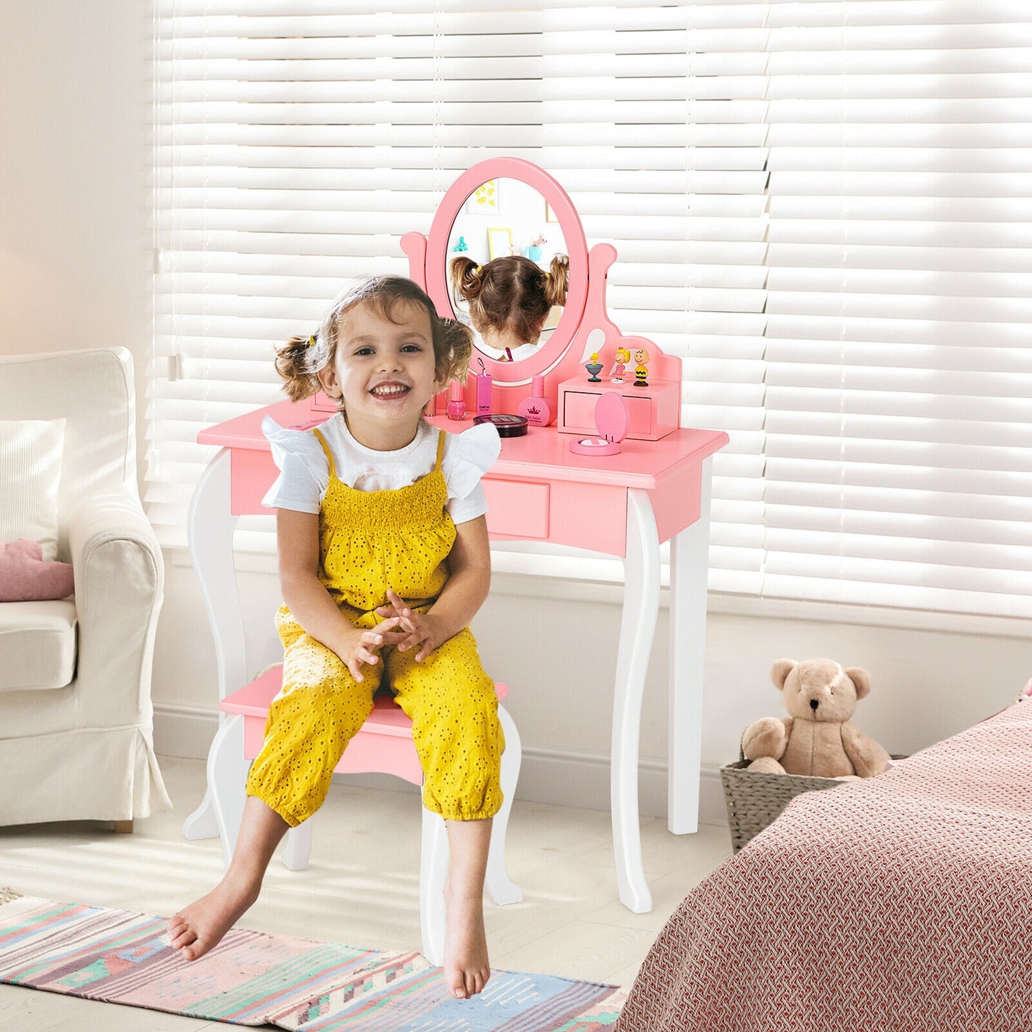 Kids Vanity Table Set with Mirror, Drawer & Stool - Pink