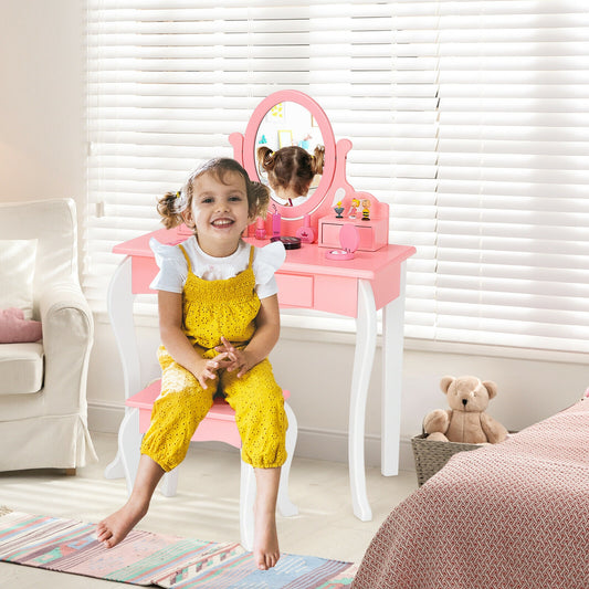 Kids Vanity Table Set with Mirror, Drawer & Stool - Pink