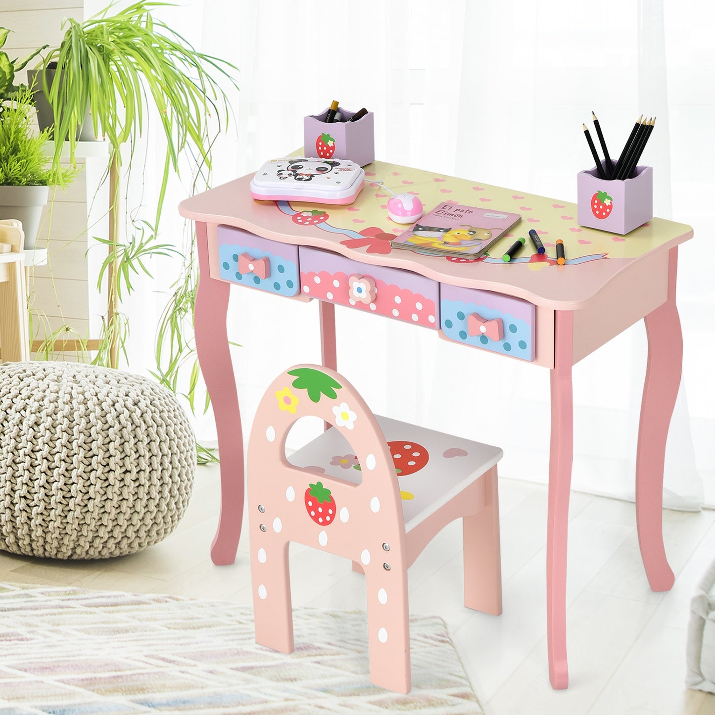 Kids Vanity Table Set with Tri-Fold Mirror and Chair