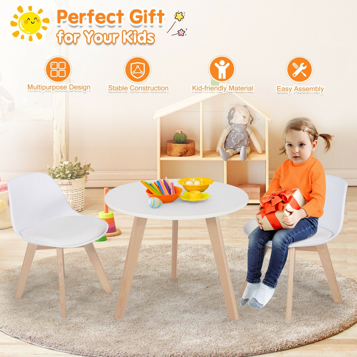 Kids Activity Table and 2 Chairs Set with Cushioned Seats
