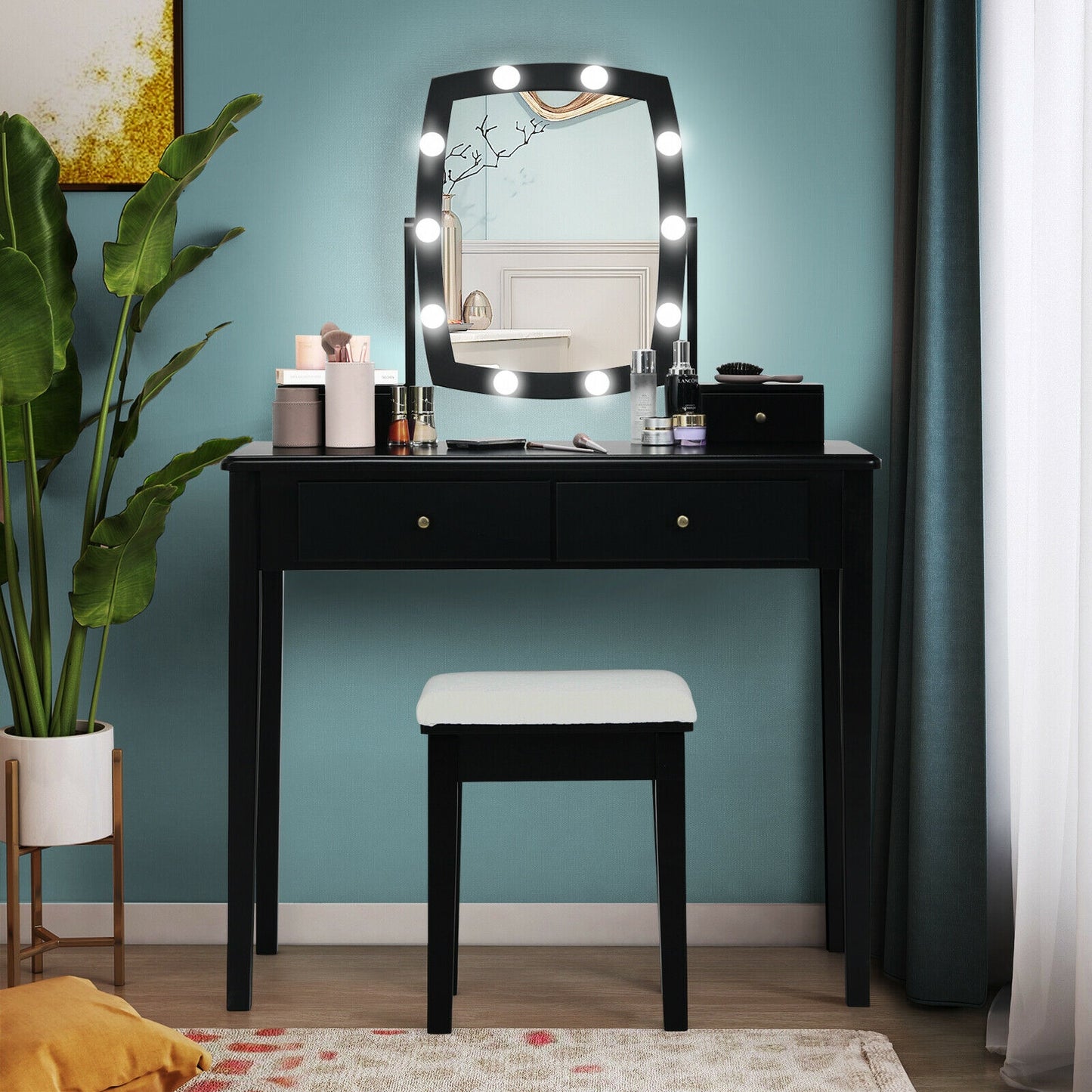 Lighted Vanity Table Set with Mirror and Stool