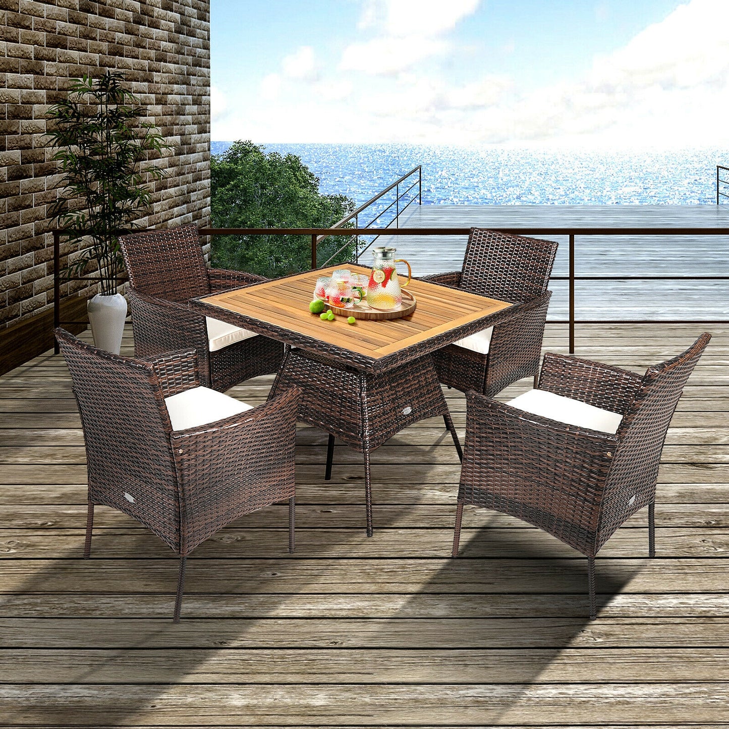 5-Piece Patio Dining Set with Rattan Chairs & Wood Table