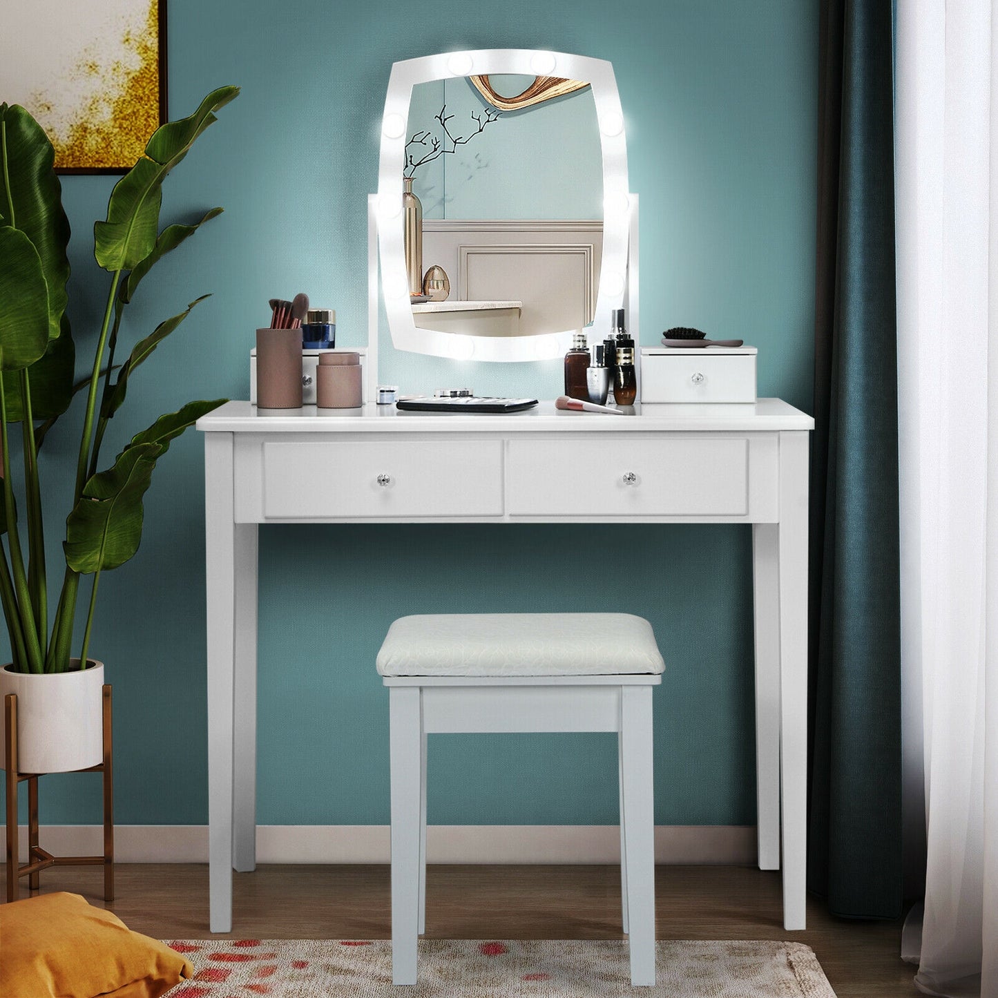 Lighted Vanity Table Set with Mirror and Stool