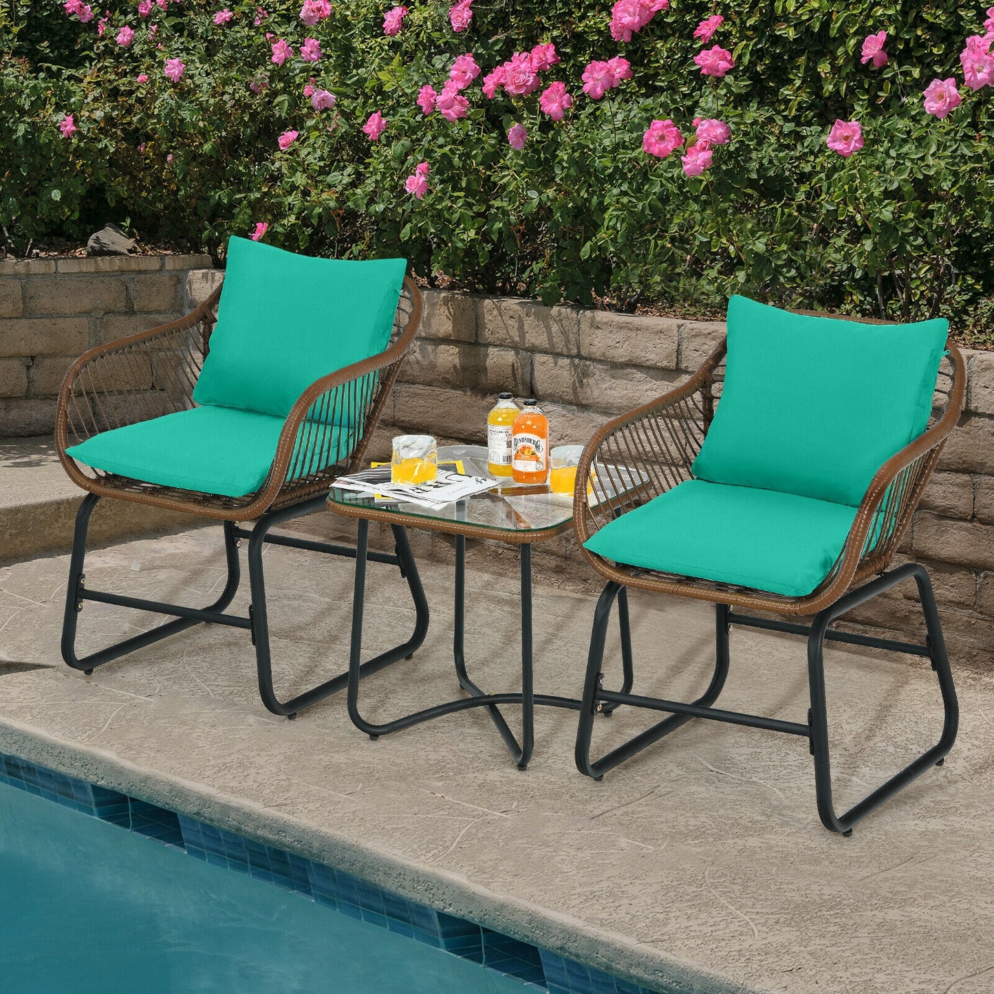 3-Piece Rattan Bistro Set with Cushioned Chairs & Glass Table