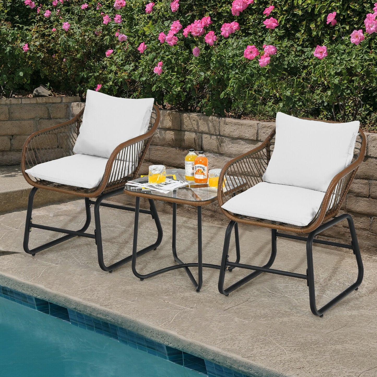 3-Piece Rattan Bistro Set with Cushioned Chairs & Glass Table