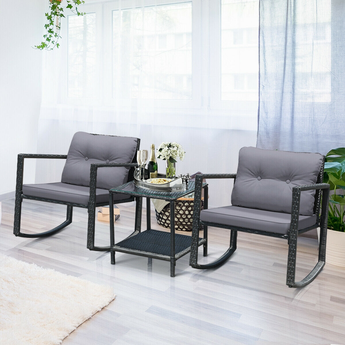 3-Piece Patio Rocking Chair Set with Cushions & Glass Table