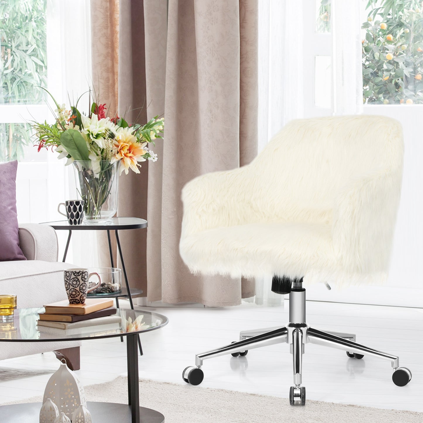 Fluffy Faux Fur Swivel Office Chair with Adjustable Height