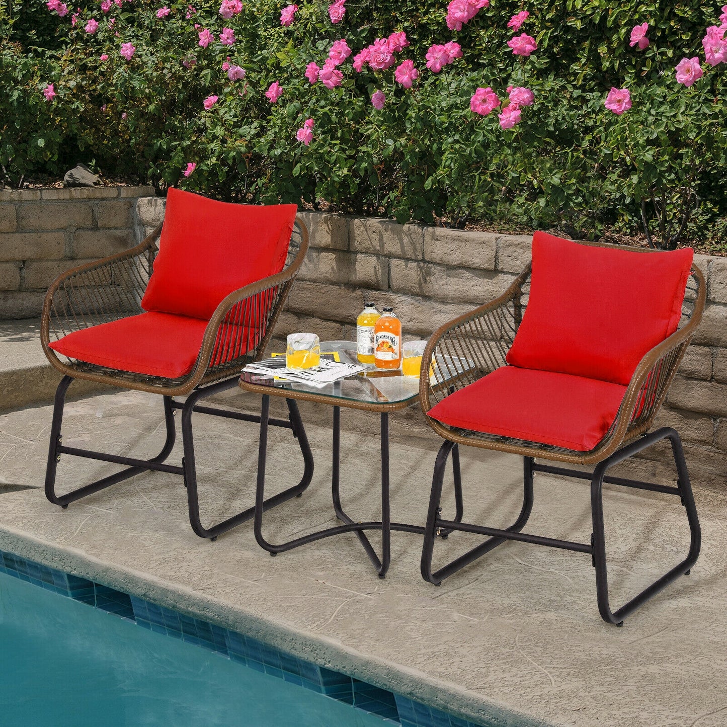 3-Piece Rattan Bistro Set with Cushioned Chairs & Glass Table