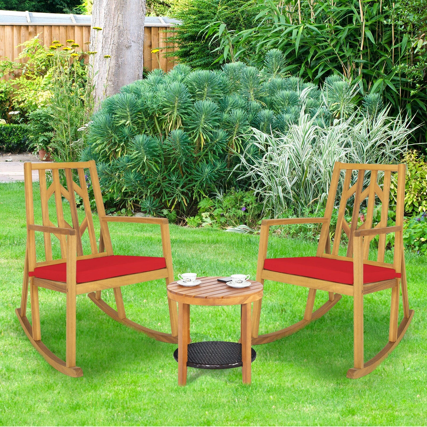 Acacia Wood Patio Rocking Chair with Cushion and Armrests