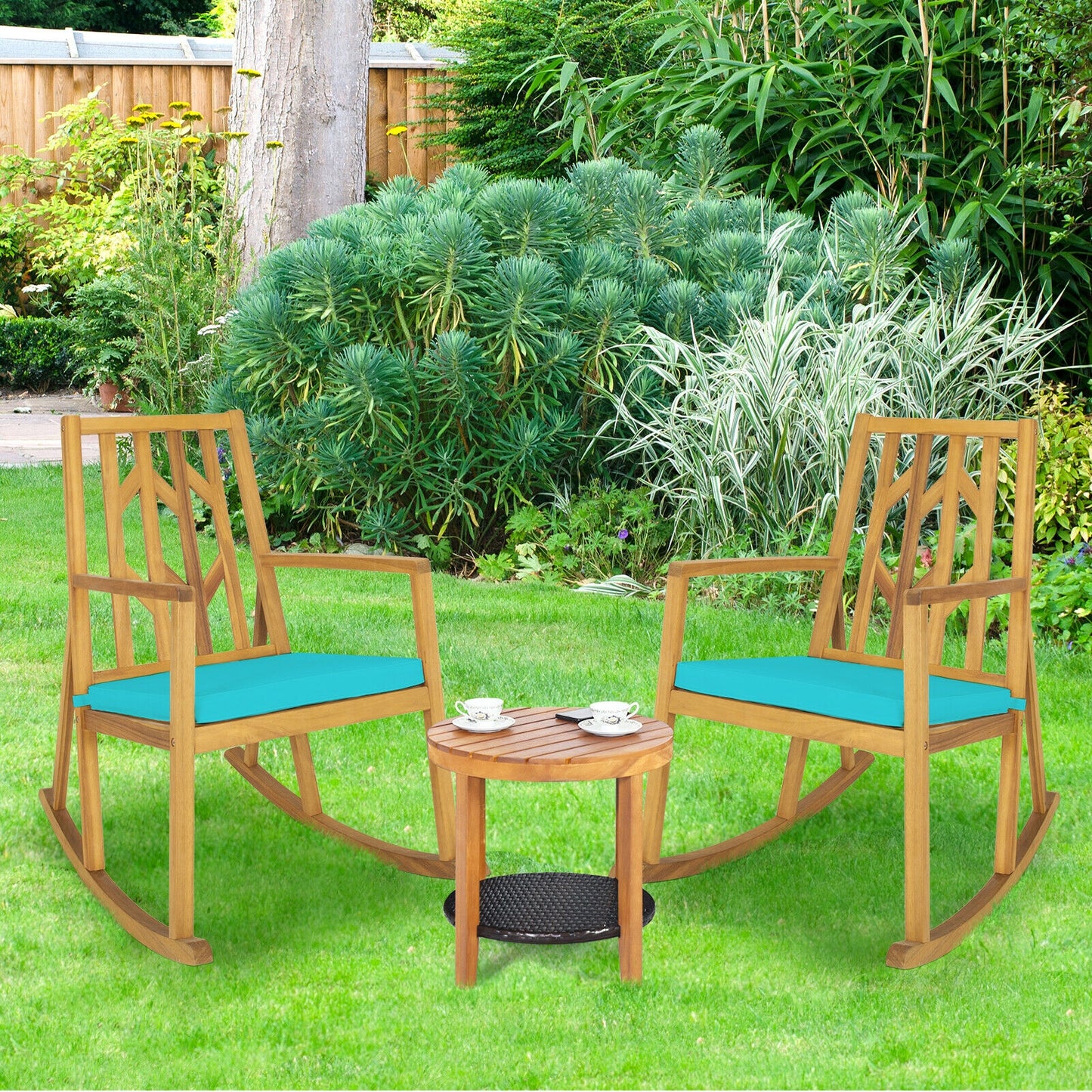 Acacia Wood Patio Rocking Chair with Cushion and Armrests