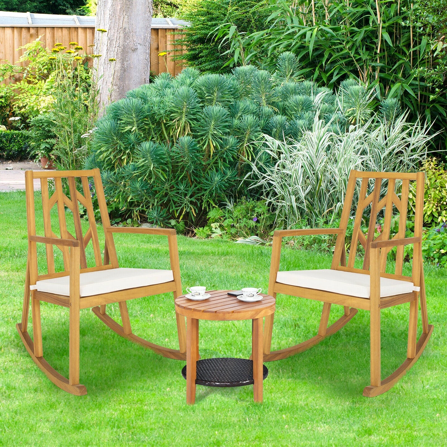 Acacia Wood Patio Rocking Chair with Cushion and Armrests