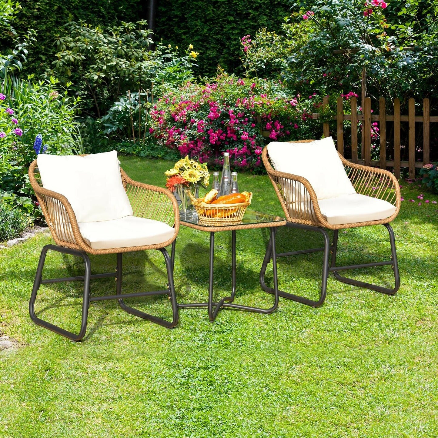 3-Piece Patio Bistro Set with Rattan Chairs & Glass Table