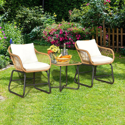 3-Piece Patio Bistro Set with Rattan Chairs & Glass Table