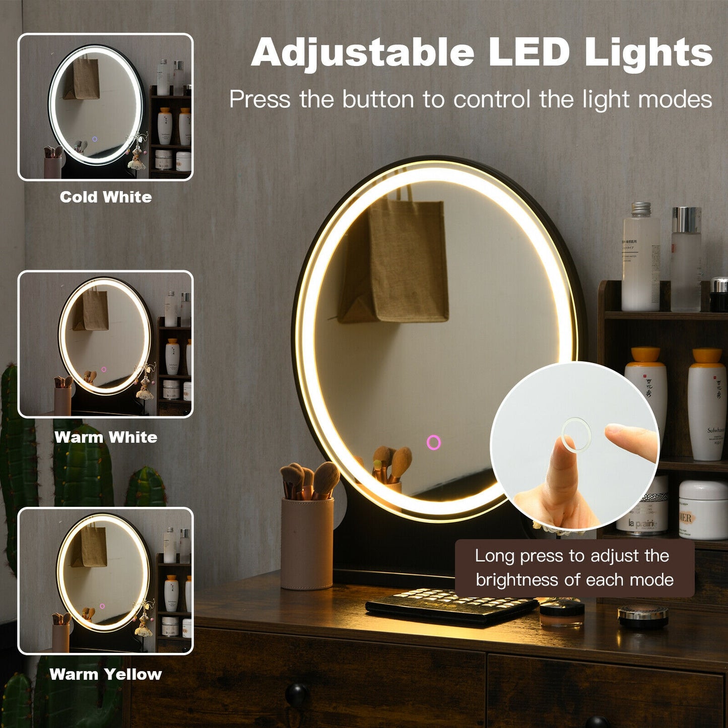 Vanity Table Set with Lighted Mirror and Cushioned Stool