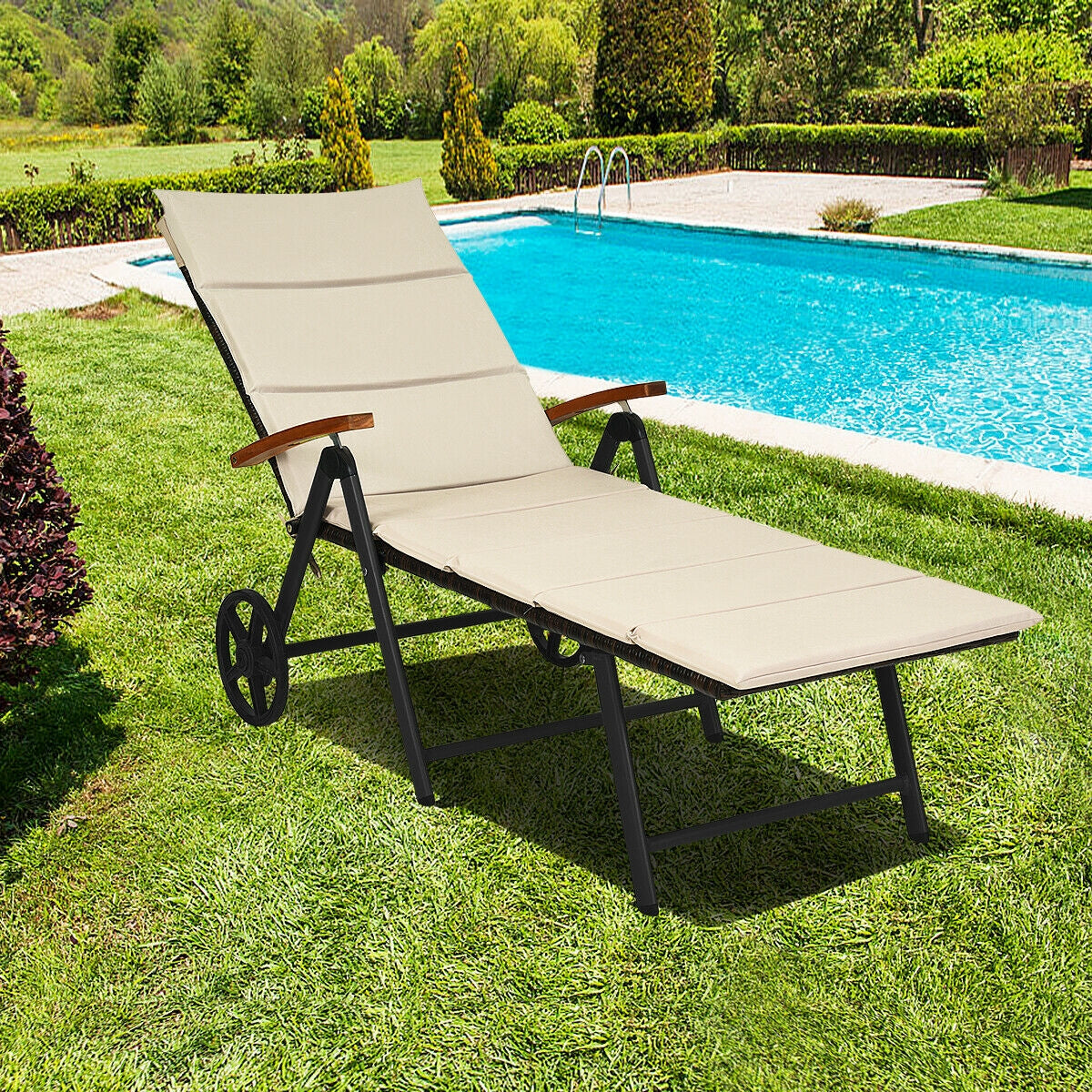 Adjustable Rattan Chaise Lounge Chair with Cushion