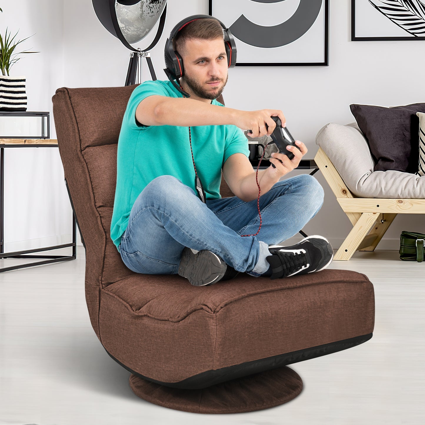 Folding Floor Gaming Chair with 360° Swivel Base