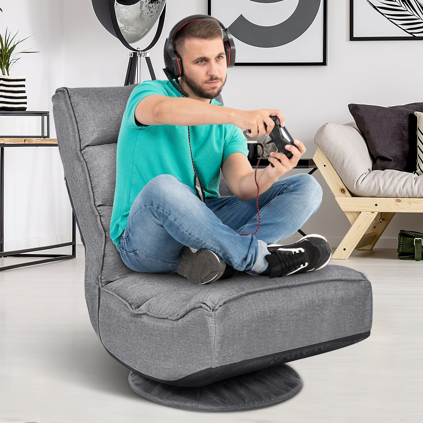 Folding Floor Gaming Chair with 360° Swivel Base