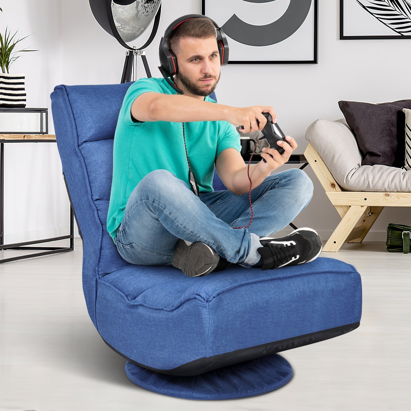 Folding Floor Gaming Chair with 360° Swivel Base