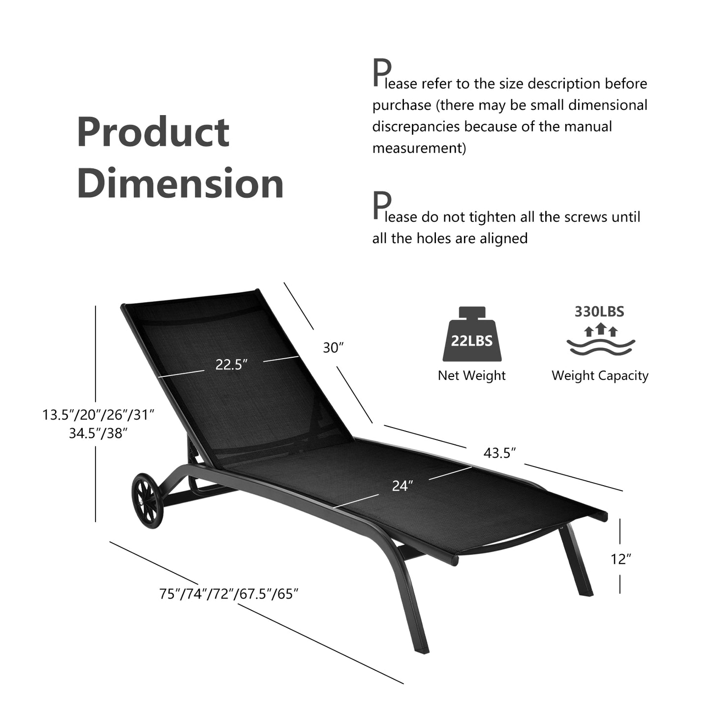 Adjustable Outdoor Chaise Lounge with Wheels - 6 Positions