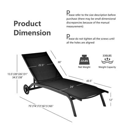 Adjustable Outdoor Chaise Lounge with Wheels - 6 Positions