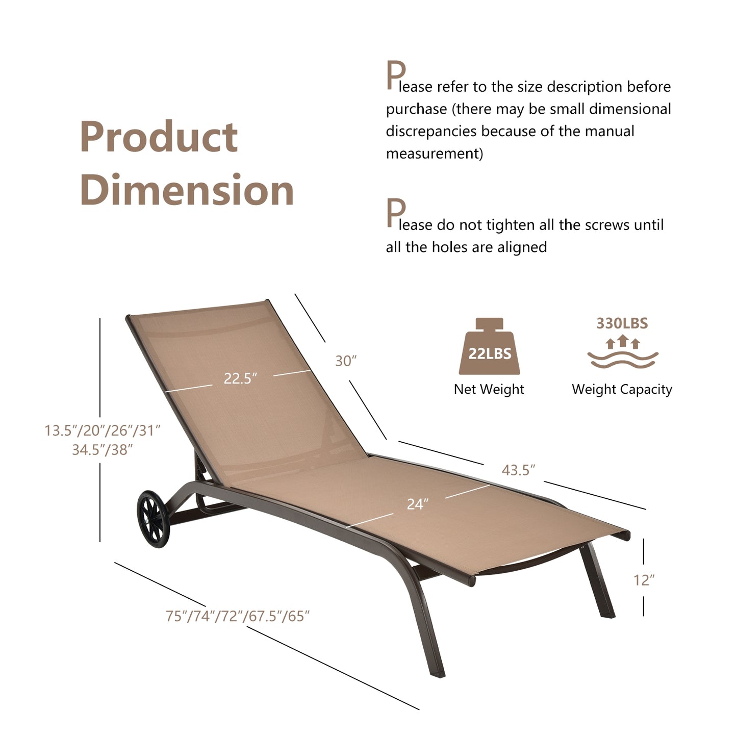 Adjustable Outdoor Chaise Lounge with Wheels - 6 Positions
