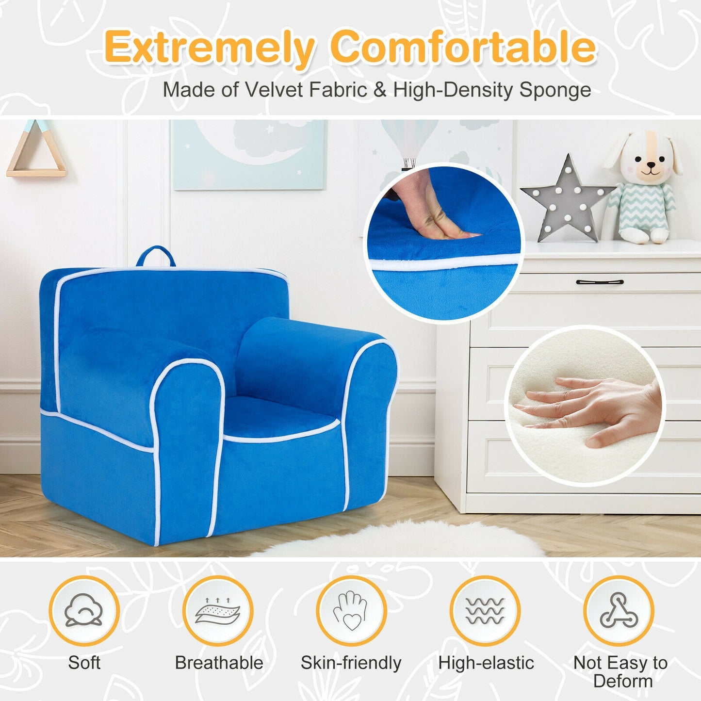 Kids Upholstered Sofa with Velvet Fabric - Blue