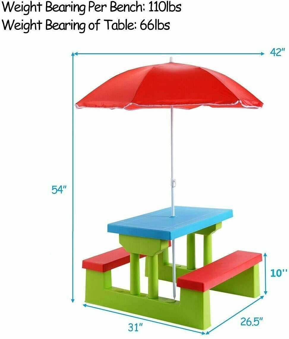 Kids Picnic Table and Bench Set with Umbrella