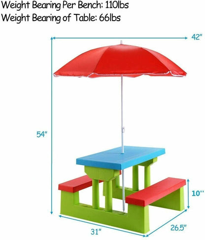 Kids Picnic Table and Bench Set with Umbrella