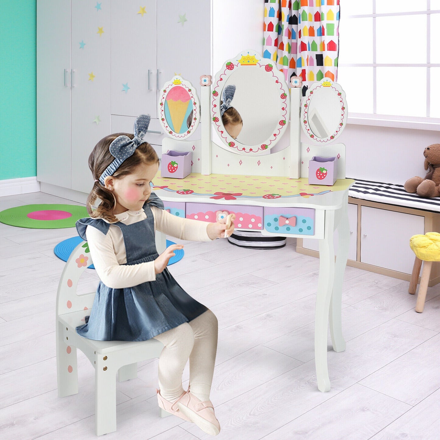 Kids Vanity Table Set with Tri-Fold Mirror and Chair