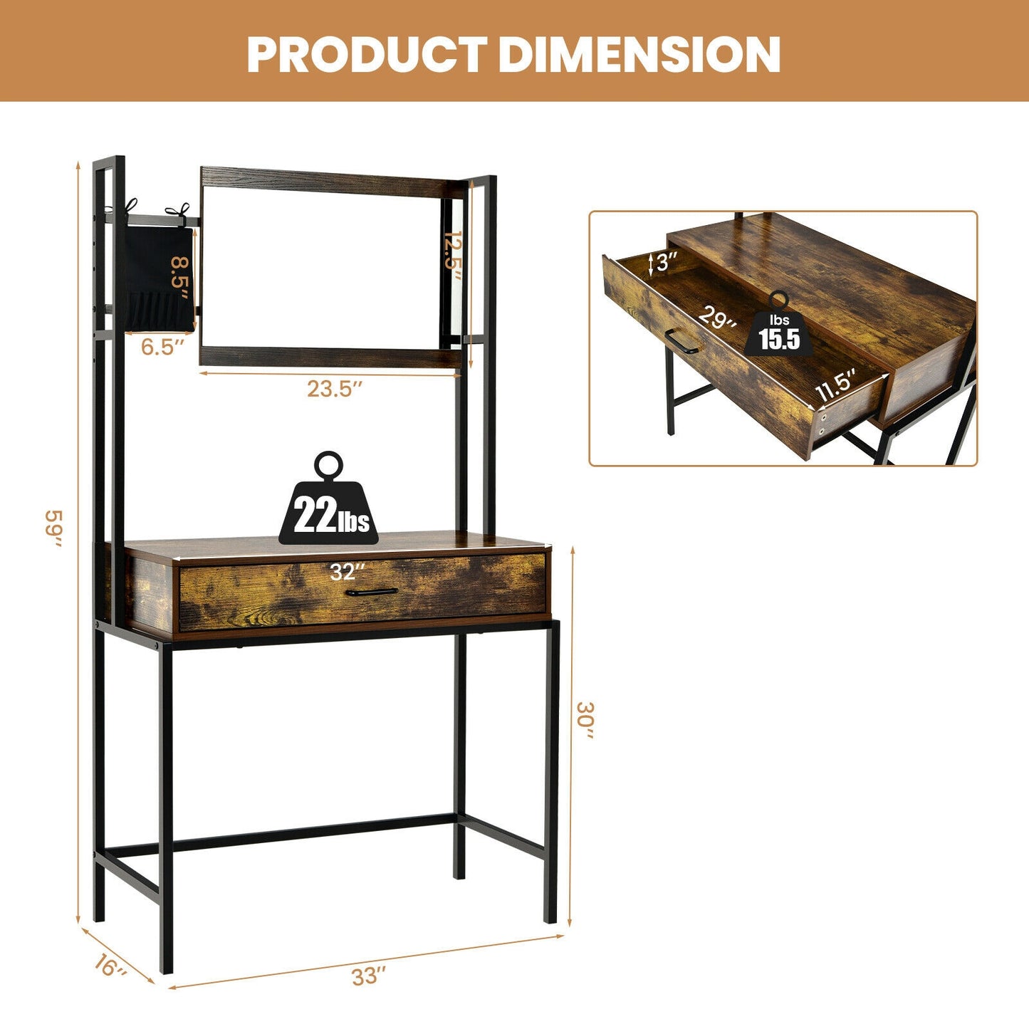 Industrial Vanity Table with 3-Height Adjustable Mirror