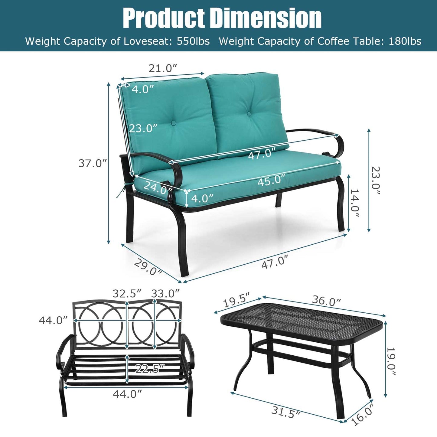 2-Piece Patio Loveseat Set with Cushions and Coffee Table
