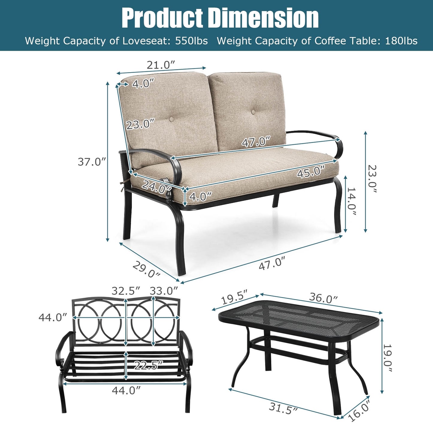 2-Piece Patio Loveseat Set with Cushions and Coffee Table