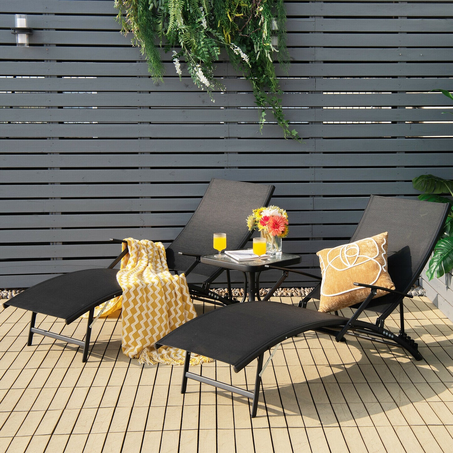Folding Stackable Chaise Lounge Chairs Set of 2 with Armrests