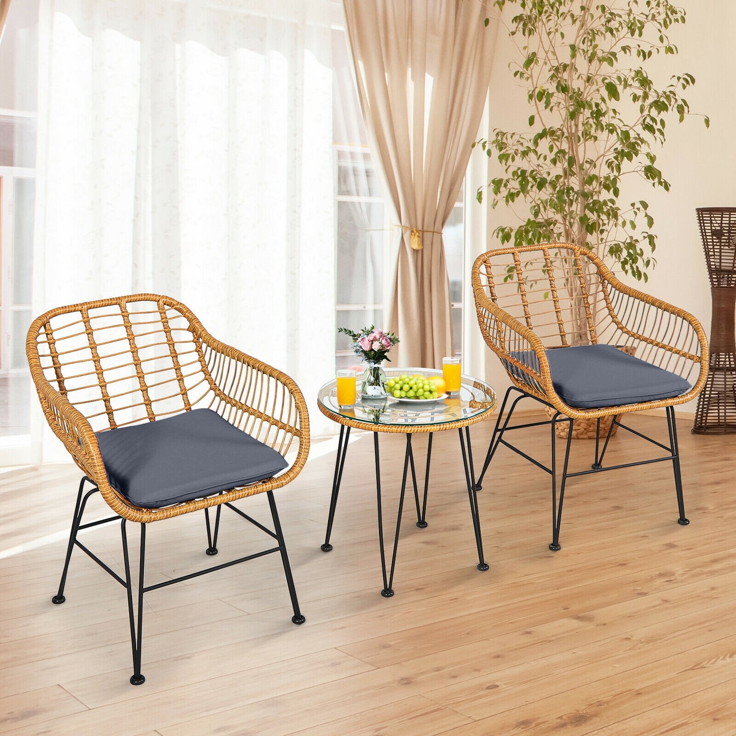 3-Piece Rattan Patio Conversation Set with Cushioned Chairs