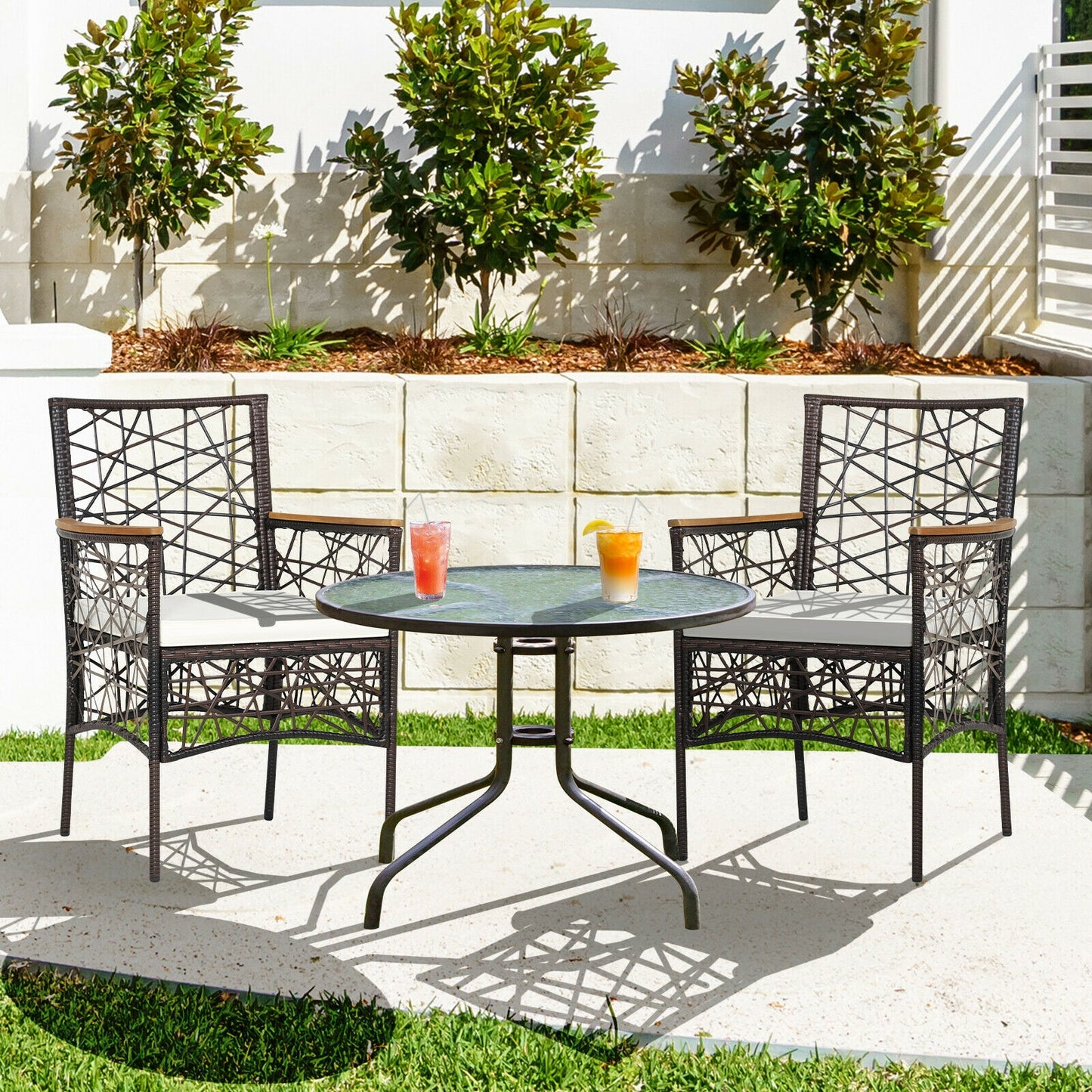 Patio Dining Chairs Set of 2 with Cushions & Wood Armrests